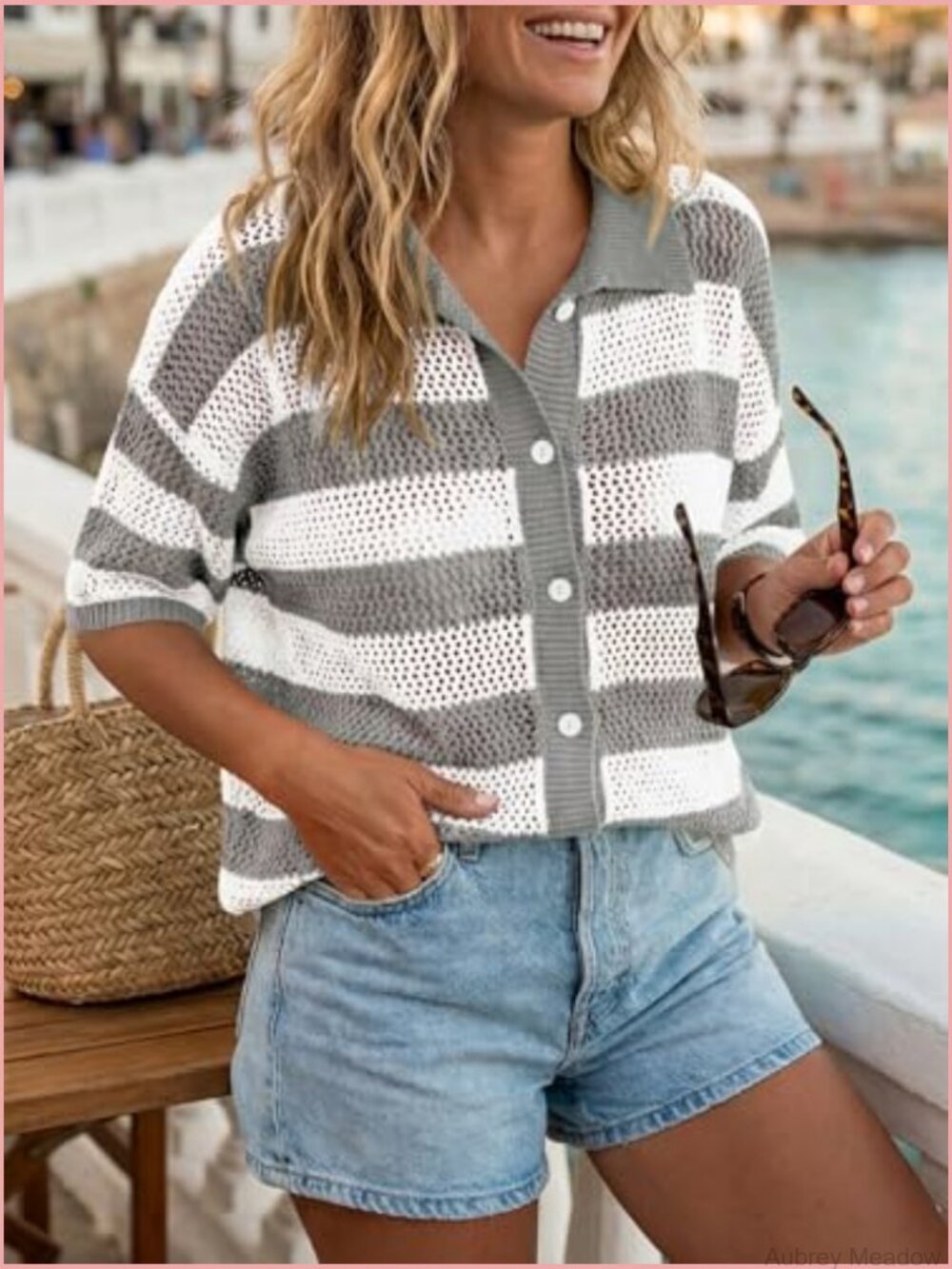 Striped Crochet Cardigan Sweater Half Sleeve Button Up Tops Loose Fit Cover Up - Picture 3 of 7